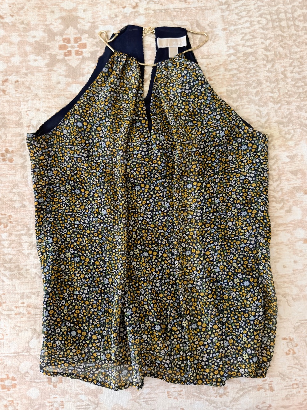 Michael Kors Floral Halter Top Navy Yellow Ditsy Gold Chain Neck Boho
